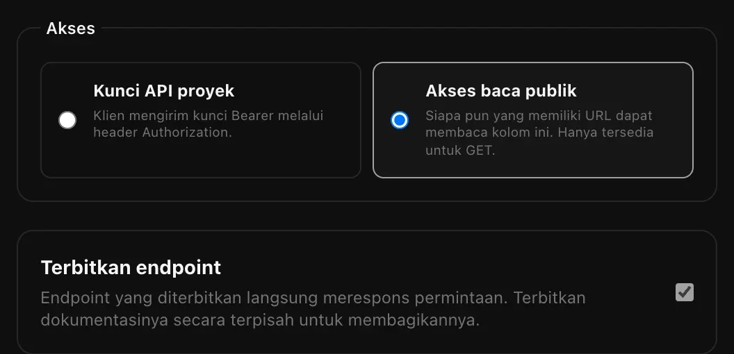 Pilihan Akses antara Kunci API proyek dan Akses baca publik, dengan Akses baca publik terpilih, dan Terbitkan endpoint dicentang: endpoint yang diterbitkan langsung merespons permintaan, dan dokumentasinya diterbitkan secara terpisah