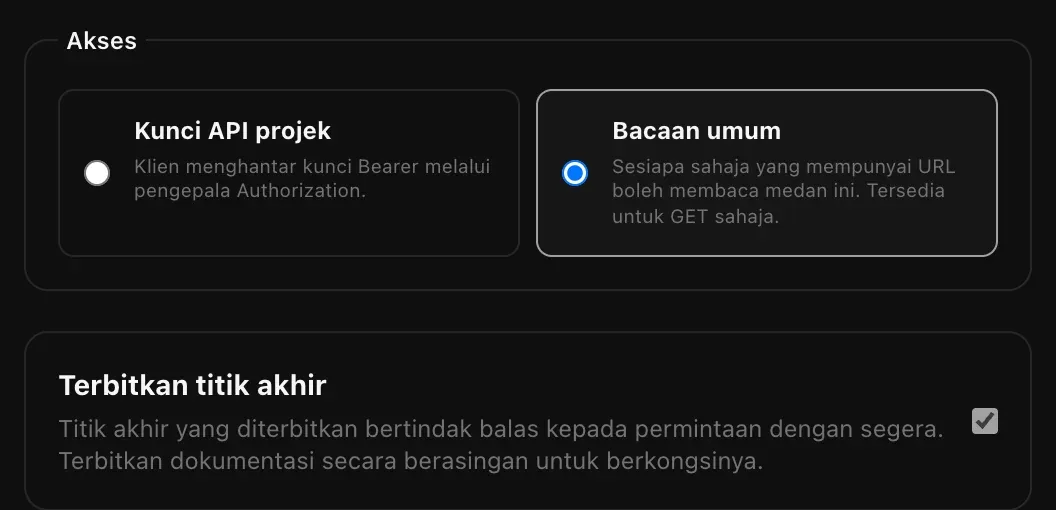 Pilihan Akses antara Kunci API projek dan Bacaan umum, dengan Bacaan umum dipilih, dan Terbitkan titik akhir ditandakan: titik akhir yang diterbitkan bertindak balas serta-merta, dan dokumentasi diterbitkan secara berasingan