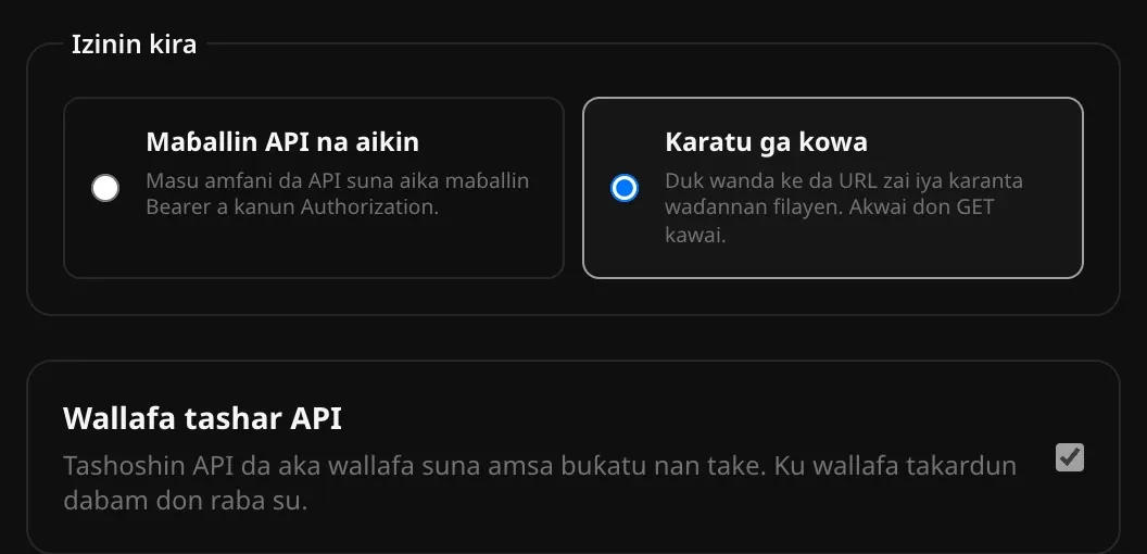 Zaɓin Izinin kira tsakanin Maɓallin API na aikin da Karatu ga kowa, an zaɓi Karatu ga kowa, kuma an sa alama a Wallafa tashar API: tashoshin API da aka wallafa suna amsa buƙatu nan take, kuma ana wallafa takardun dabam