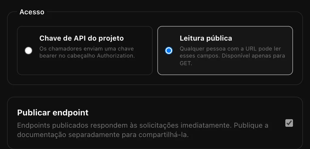 A escolha de Acesso entre Chave de API do projeto e Leitura pública, com Leitura pública selecionada, e Publicar endpoint marcado: endpoints publicados respondem imediatamente, e a documentação é publicada separadamente