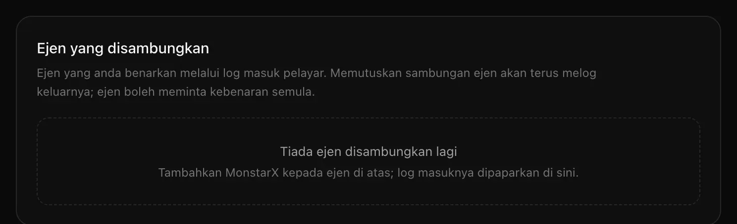 Kad Ejen yang disambungkan, dengan mesej Tiada ejen disambungkan lagi