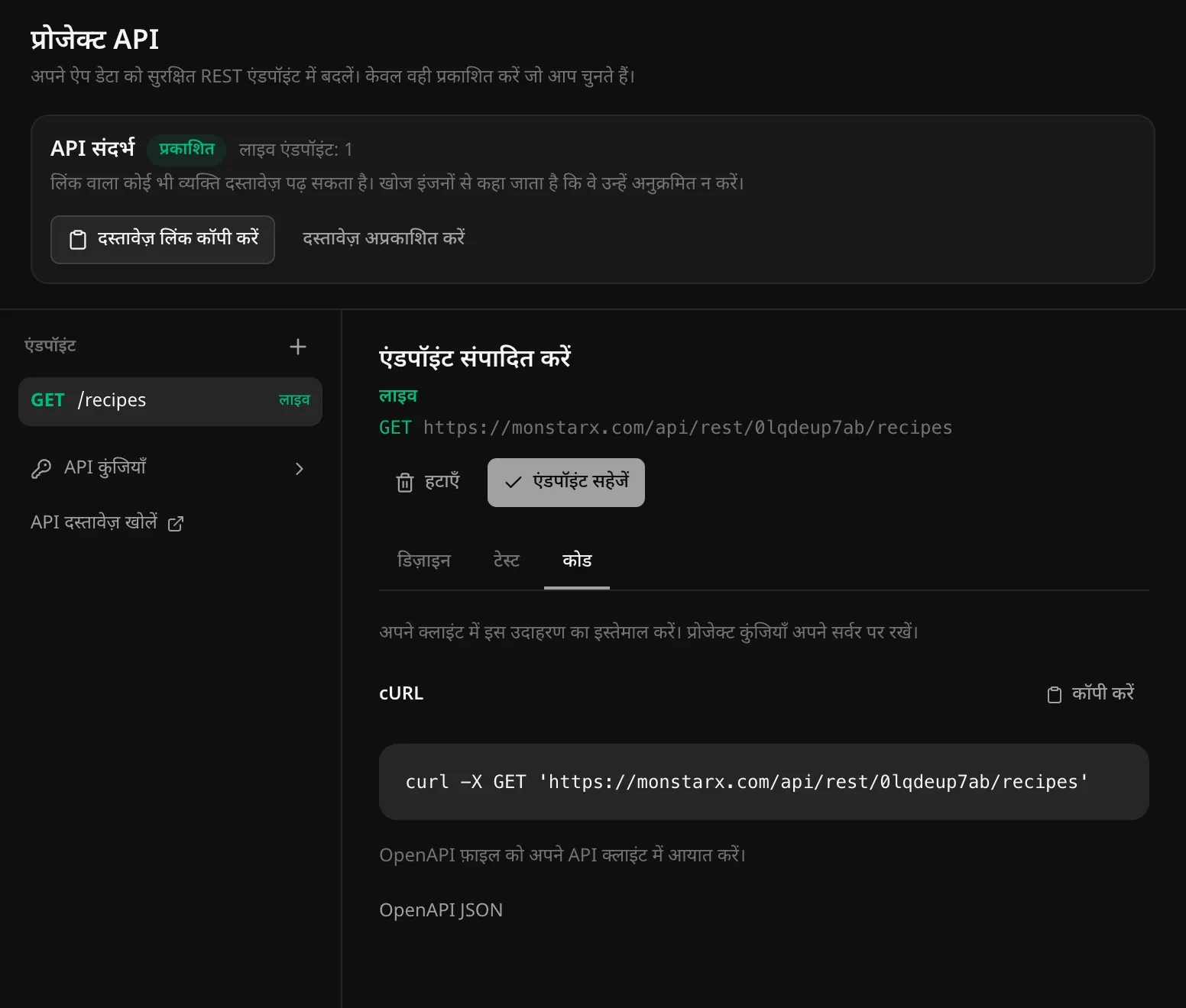कोड टैब: GET /recipes के लिए cURL कमांड और “कॉपी करें” बटन, और OpenAPI JSON फ़ाइल का लिंक