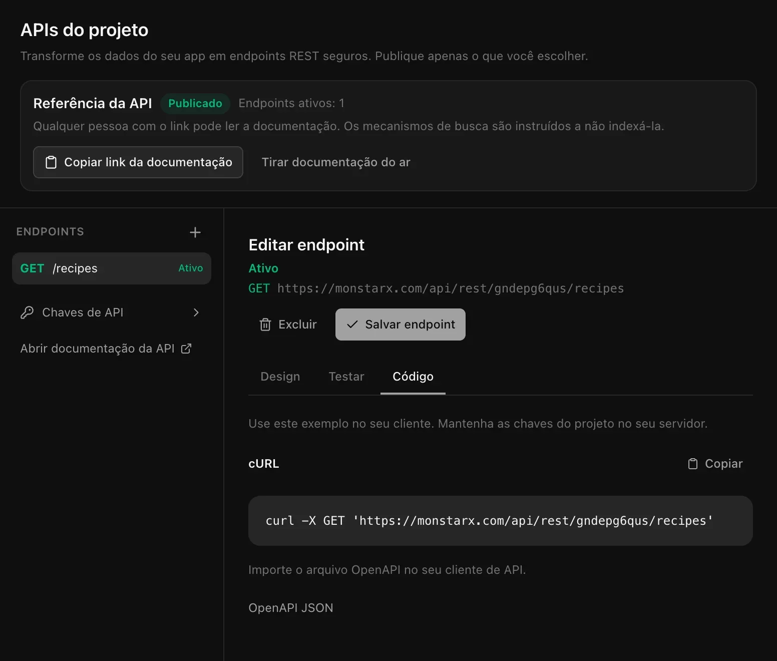 A aba Código: um comando cURL para GET /recipes com o botão Copiar e um link para o arquivo OpenAPI JSON