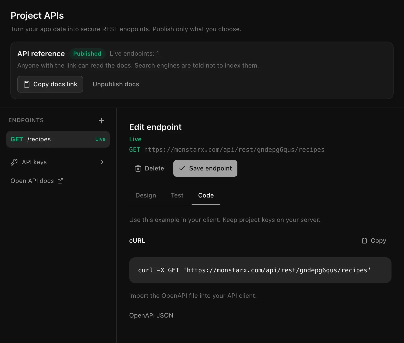The Code tab: a cURL command for GET /recipes with a Copy button, and a link to the OpenAPI JSON file