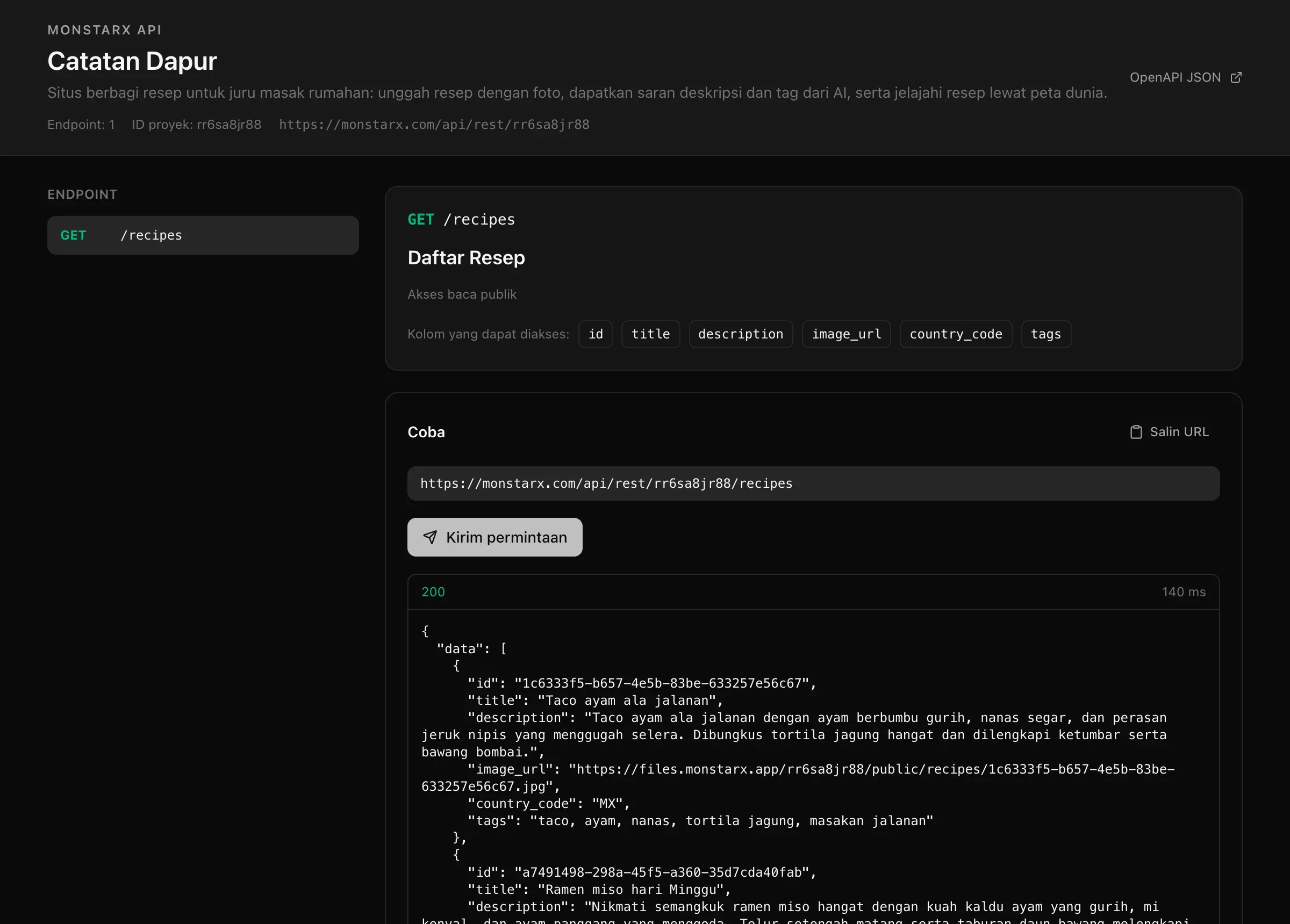 Referensi API Catatan Dapur yang sudah diterbitkan: nama dan deskripsi proyek, Endpoint: 1, ID proyek dan alamat dasarnya, serta GET /recipes dengan Akses baca publik, kolom yang dapat diakses, dan kotak Coba yang mengembalikan daftar resep dalam format JSON
