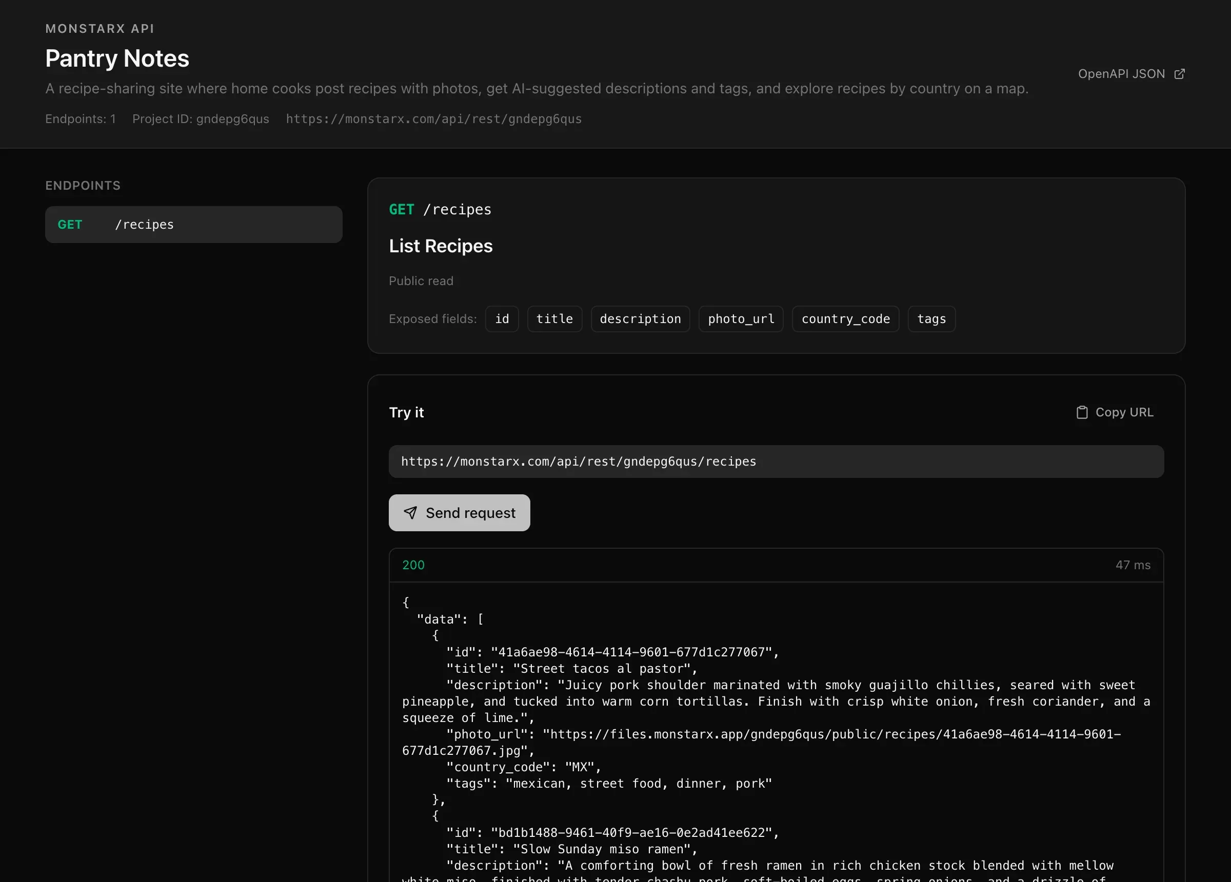 The published API reference for Pantry Notes: the project's name and description, Endpoints: 1, its project ID and base address, and GET /recipes with Public read, its exposed fields and a Try it box that returned recipes as JSON