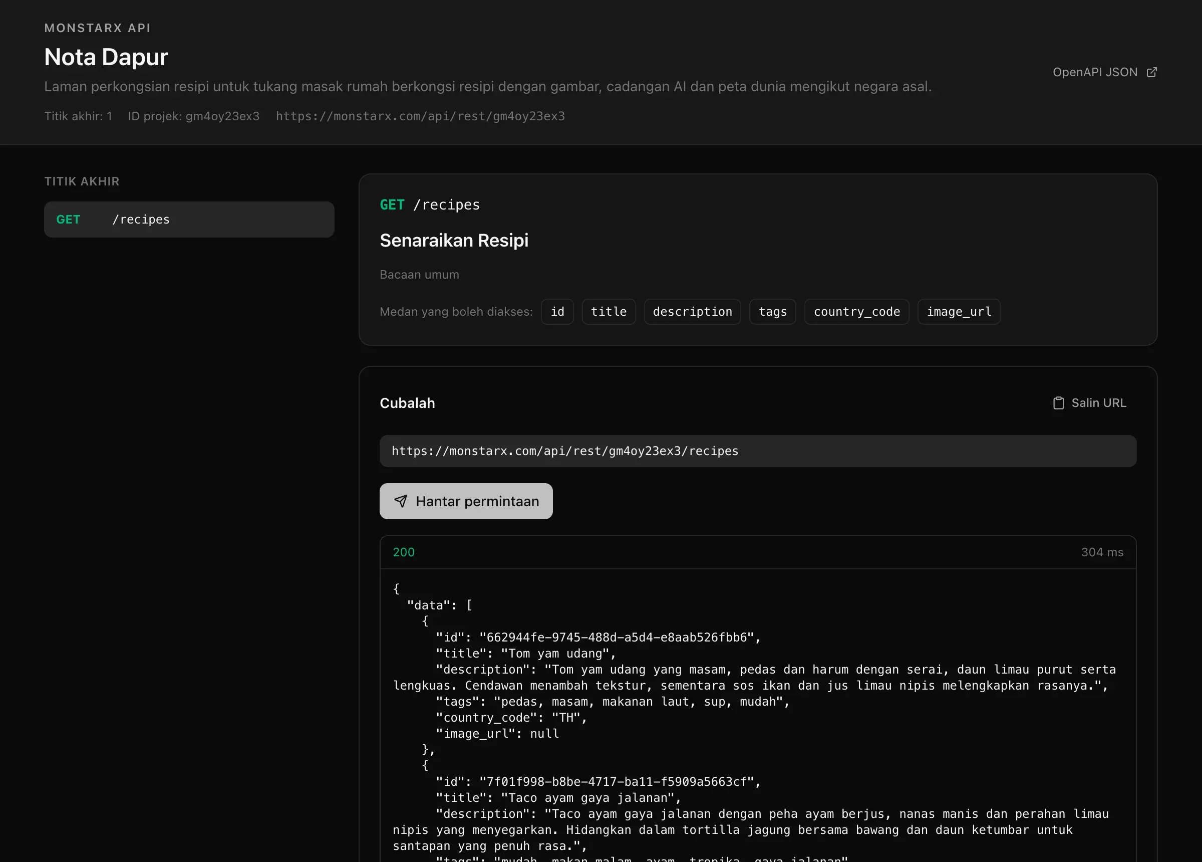 Rujukan API yang diterbitkan untuk aplikasi Nota Dapur: nama dan penerangan projek, Titik akhir: 1, ID projek dan alamat asasnya, serta GET /recipes dengan Bacaan umum, medannya yang boleh diakses dan kotak Cubalah yang memulangkan resipi dalam JSON