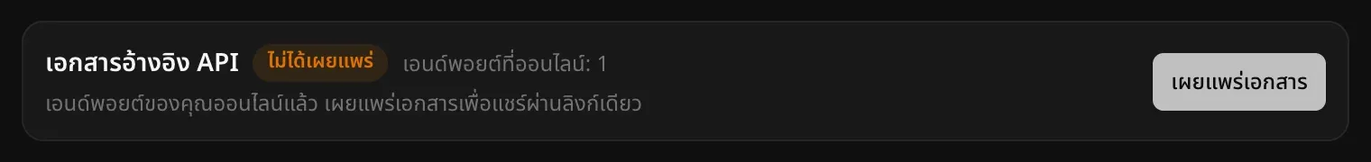 แถบเอกสารอ้างอิง API มีป้ายไม่ได้เผยแพร่และข้อความเอนด์พอยต์ที่ออนไลน์: 1 ข้อความแนะนำว่าเอนด์พอยต์ของคุณออนไลน์แล้ว เผยแพร่เอกสารเพื่อแชร์ผ่านลิงก์เดียว และปุ่มเผยแพร่เอกสาร