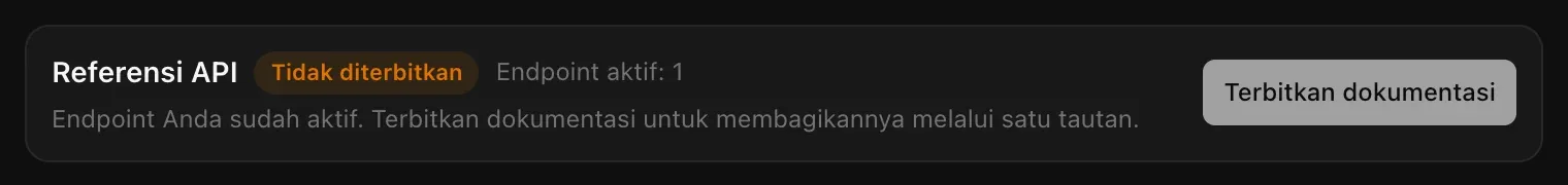 Bilah Referensi API bertanda Tidak diterbitkan dengan Endpoint aktif: 1, petunjuk Endpoint Anda sudah aktif. Terbitkan dokumentasi untuk membagikannya melalui satu tautan, dan tombol Terbitkan dokumentasi