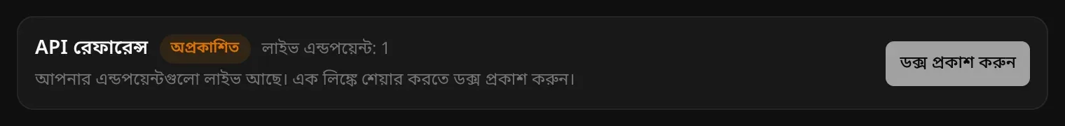 অপ্রকাশিত চিহ্নসহ API রেফারেন্স বার, লাইভ এন্ডপয়েন্ট: 1, এন্ডপয়েন্টগুলো লাইভ আছে আর এক লিঙ্কে শেয়ার করতে ডক্স প্রকাশ করার পরামর্শ, সঙ্গে ডক্স প্রকাশ করুন বোতাম