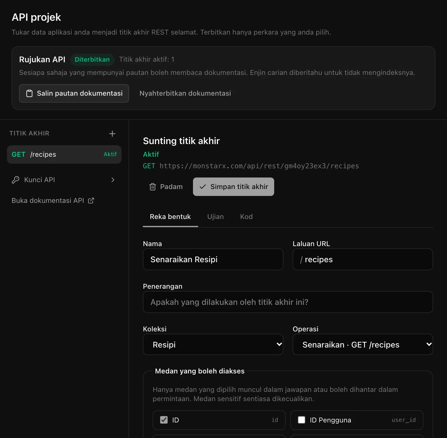 Admin, API untuk aplikasi Nota Dapur: bar Rujukan API ditanda Diterbitkan dengan Titik akhir aktif: 1, dan titik akhir aktif GET /recipes bernama Senaraikan Resipi, dengan nama, laluan, koleksi dan operasinya