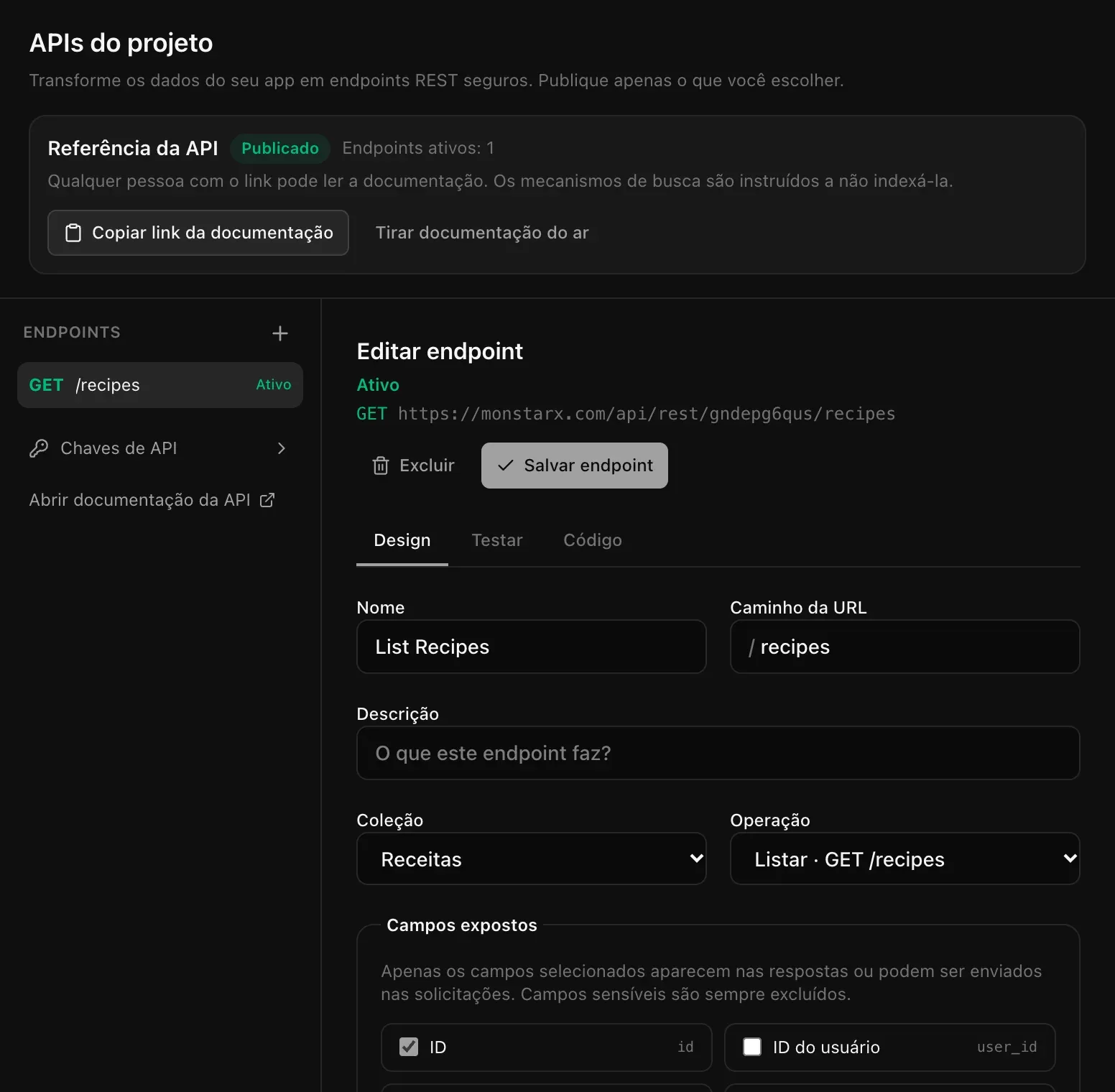 Admin, APIs do Pantry Notes: a barra Referência da API marcada como Publicado, com Endpoints ativos: 1, e o endpoint ativo GET /recipes chamado List Recipes, com nome, caminho, coleção e operação