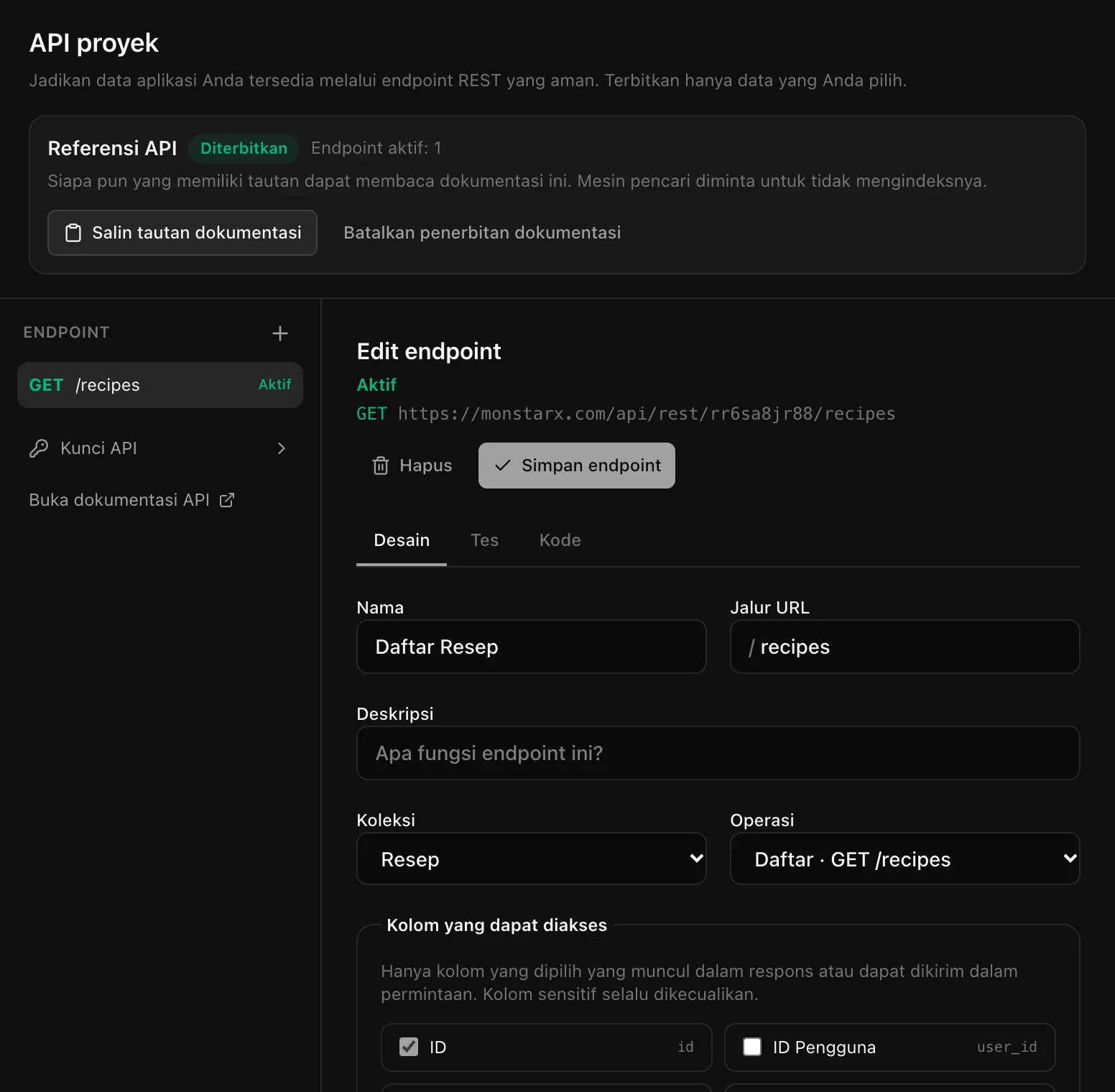 Bagian API di Admin untuk Catatan Dapur: bilah Referensi API bertanda Diterbitkan dengan Endpoint aktif: 1, dan endpoint GET /recipes yang aktif, bernama Daftar Resep, beserta nama, jalur, koleksi, dan operasinya