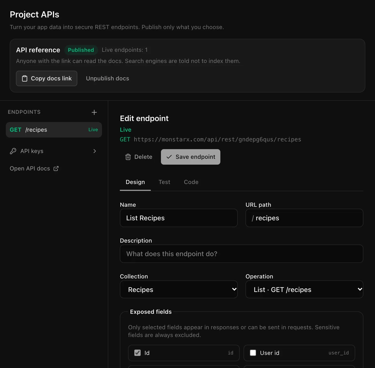 Admin, APIs for Pantry Notes: the API reference bar marked Published with Live endpoints: 1, and the live GET /recipes endpoint named List Recipes with its name, path, collection and operation