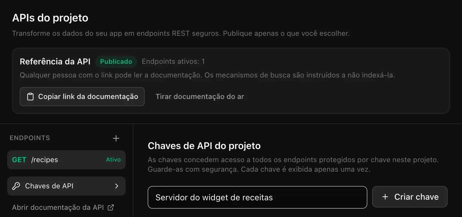 Chaves de API do projeto: um nome de chave digitado e o botão Criar chave, com um aviso de que as chaves dão acesso a todos os endpoints protegidos por chave e de que cada chave é exibida apenas uma vez