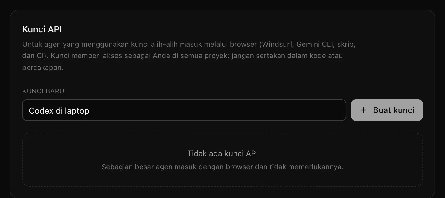 Kartu Kunci API dengan Codex di laptop diketik sebagai nama kunci baru, tombol Buat kunci, dan tulisan Tidak ada kunci API