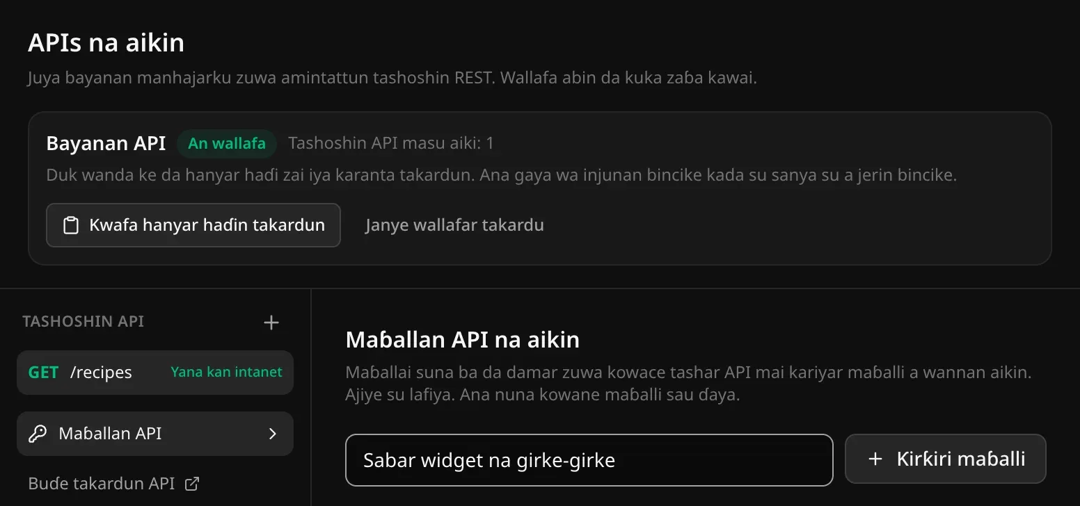 Maɓallan API na aikin: sunan maɓalli da aka rubuta da maɓallin Ƙirƙiri maɓalli, tare da sanarwar cewa maɓallai suna ba da damar zuwa kowace tashar API mai kariyar maɓalli kuma ana nuna kowane maɓalli sau ɗaya