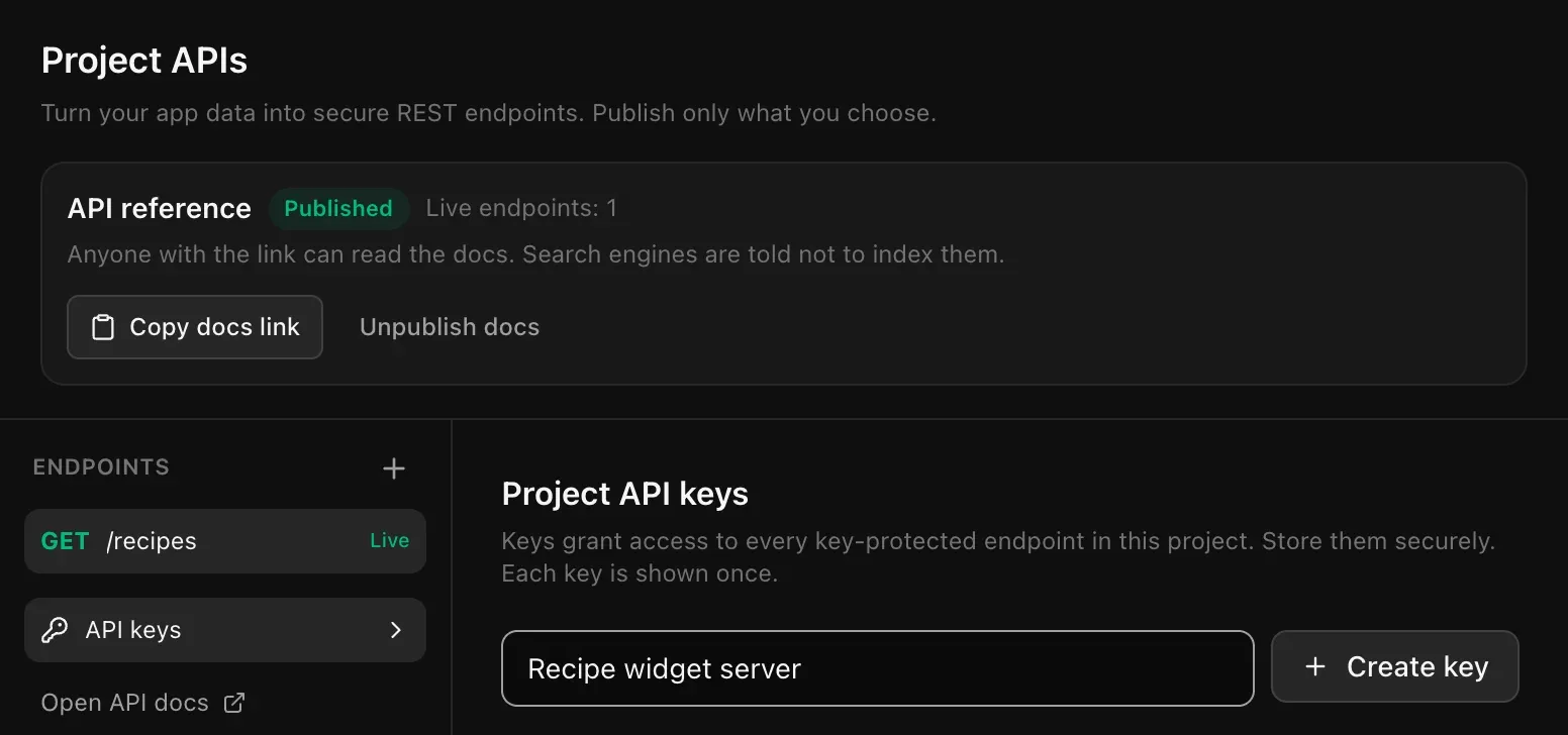 Project API keys: a key name typed in and a Create key button, with a note that keys grant access to every key-protected endpoint and each key is shown once