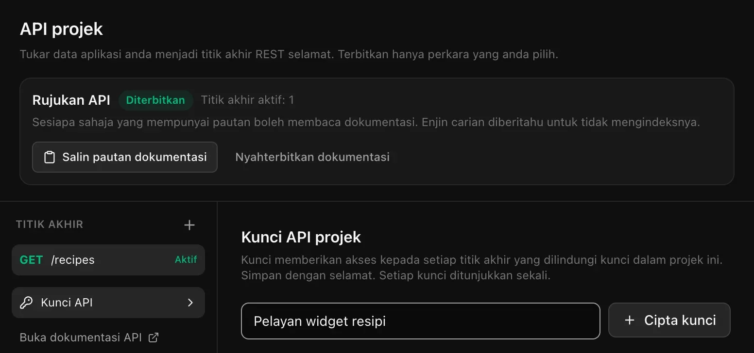 Kunci API projek: nama kunci telah ditaip dan butang Cipta kunci, dengan nota bahawa kunci memberikan akses kepada setiap titik akhir yang dilindungi kunci dan setiap kunci ditunjukkan sekali sahaja