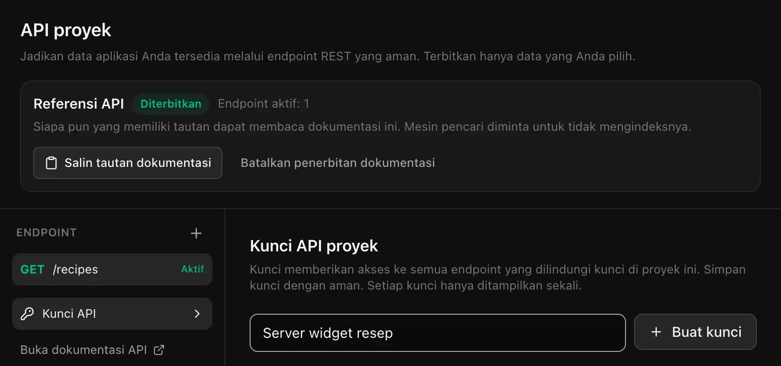Kunci API proyek: nama kunci yang sudah diketik dan tombol Buat kunci, dengan catatan bahwa kunci memberikan akses ke semua endpoint yang dilindungi kunci dan setiap kunci hanya ditampilkan sekali