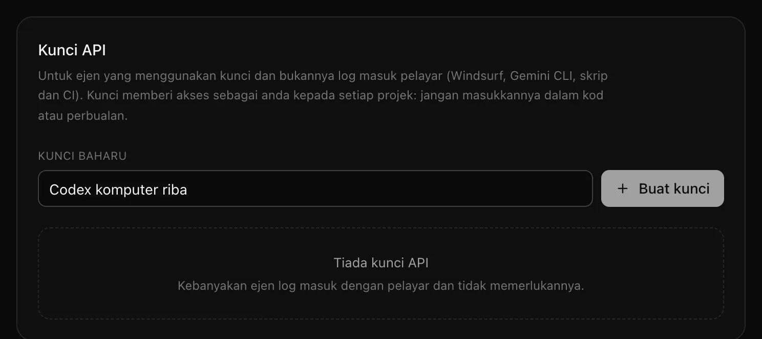 Kad Kunci API dengan Komputer riba Codex ditaip sebagai nama kunci baharu, butang Buat kunci, dan mesej Tiada kunci API