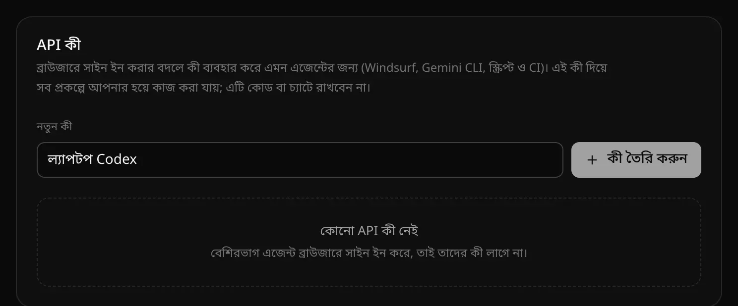 API কী কার্ড: নতুন কীর নাম হিসেবে লেখা ল্যাপটপ Codex, কী তৈরি করুন বোতাম, আর লেখা কোনো API কী নেই