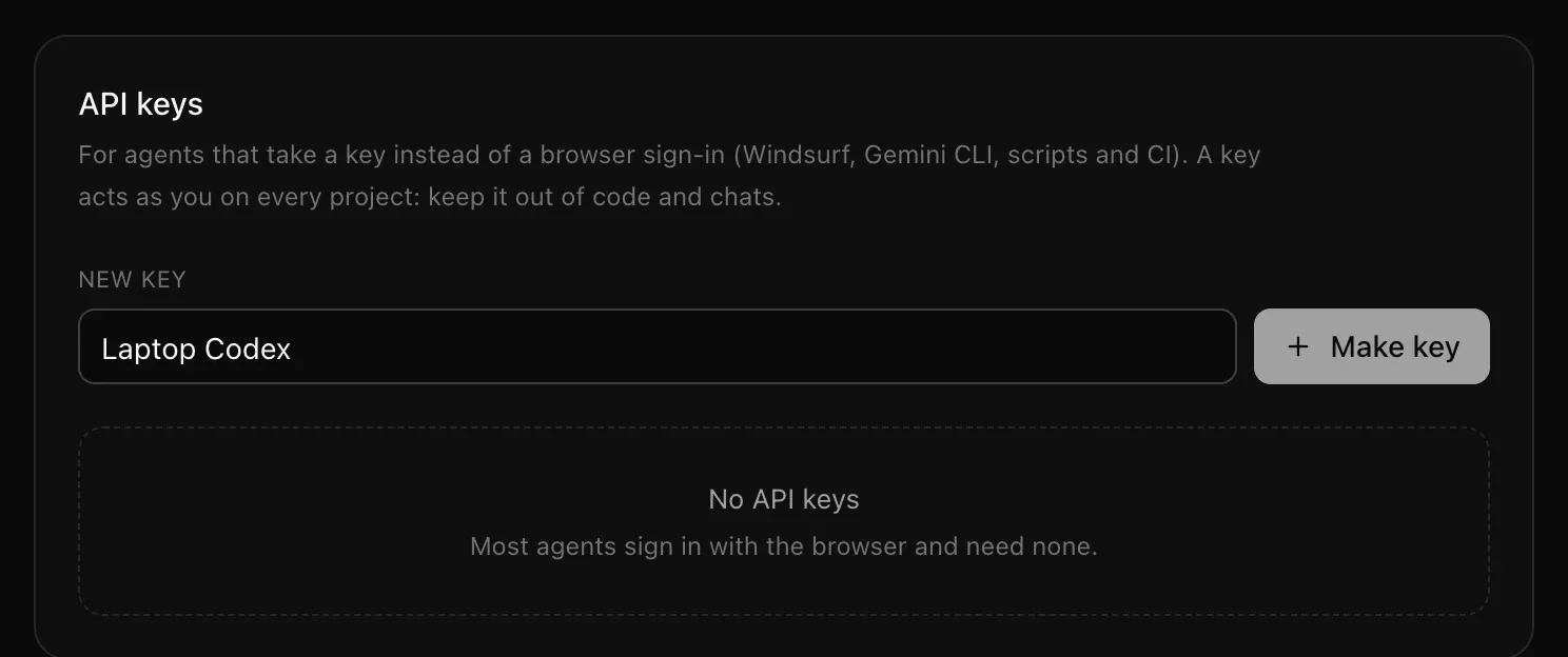 The API keys card with Laptop Codex typed as the name of a new key, a Make key button, and No API keys yet