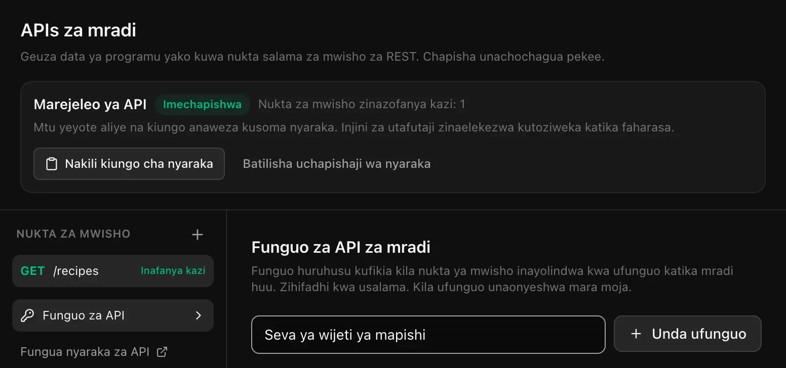 Funguo za API za mradi: jina la ufunguo limeandikwa na kitufe cha Unda ufunguo, pamoja na ujumbe kwamba funguo huruhusu kufikia kila nukta ya mwisho inayolindwa kwa ufunguo na kila ufunguo unaonyeshwa mara moja
