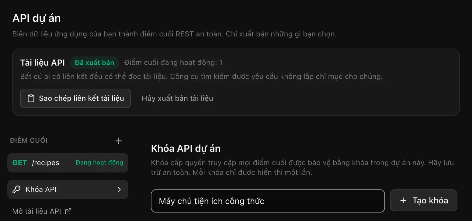Khóa API dự án: một tên khóa đã được nhập và nút Tạo khóa, kèm ghi chú rằng khóa cấp quyền truy cập mọi điểm cuối được bảo vệ bằng khóa và mỗi khóa chỉ hiện một lần