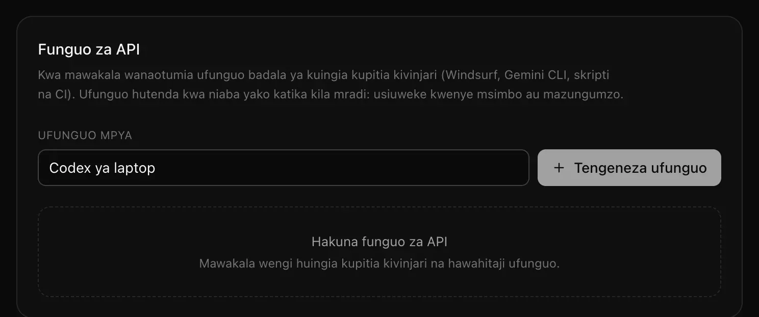 Kadi ya Funguo za API ikiwa na jina la ufunguo mpya, Codex ya laptop, limeandikwa, kitufe cha Tengeneza ufunguo, na ujumbe Hakuna funguo za API