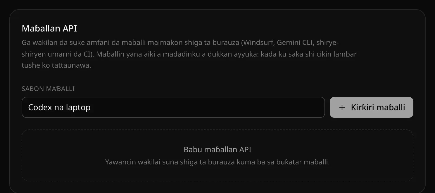 Katin Maɓallan API da aka rubuta Codex na laptop a matsayin sunan sabon maɓalli, da maɓallin Ƙirƙiri maɓalli, da Babu maɓallan API