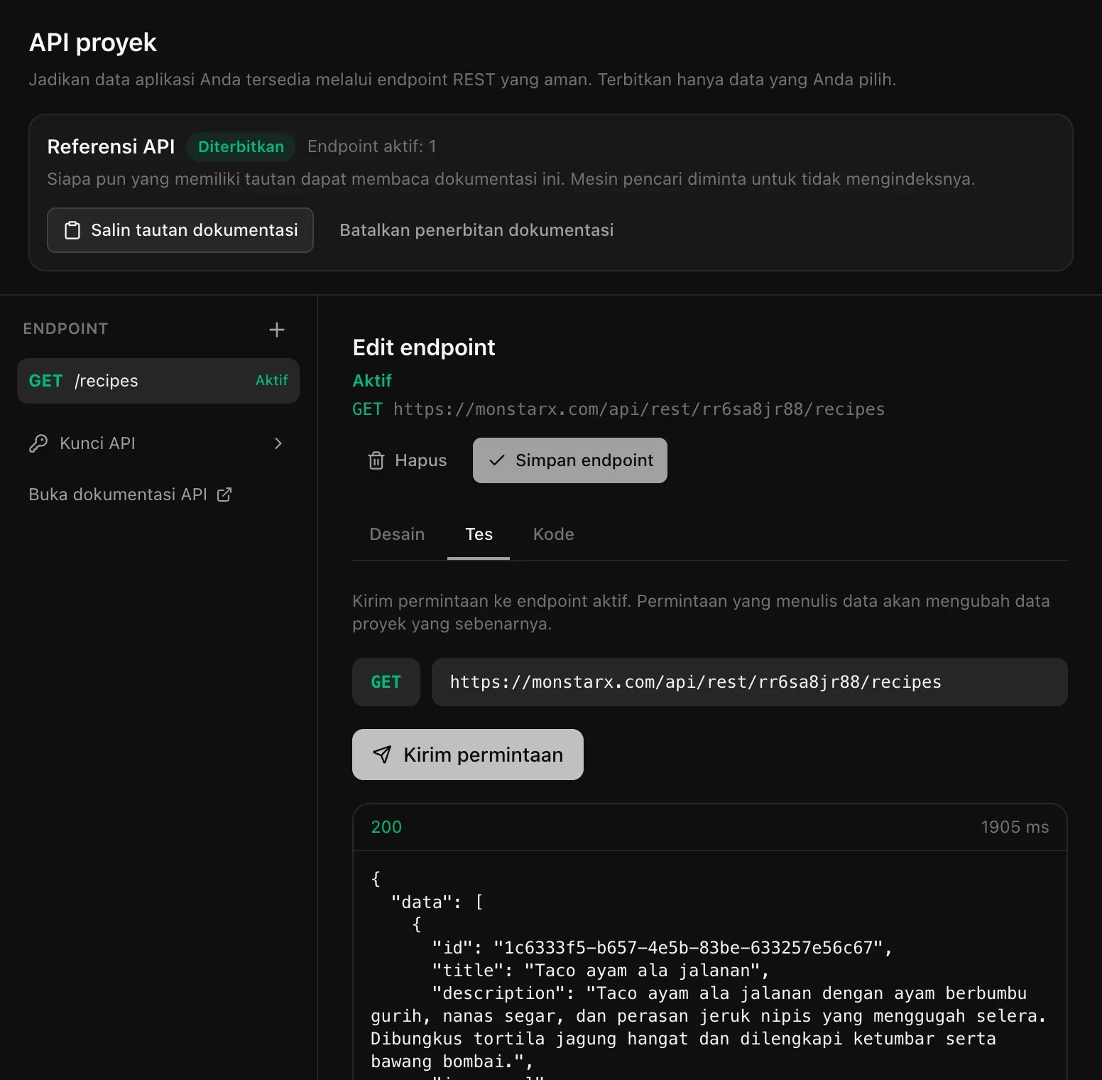 Tab Tes untuk GET /recipes: alamat lengkap di monstarx.com, tombol Kirim permintaan, dan jawaban 200 berisi daftar resep dalam format JSON