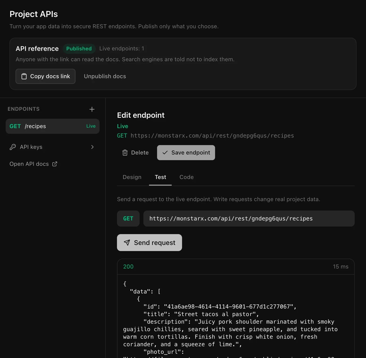 The Test tab of GET /recipes: the full address on monstarx.com, a Send request button, and a 200 answer listing recipes as JSON