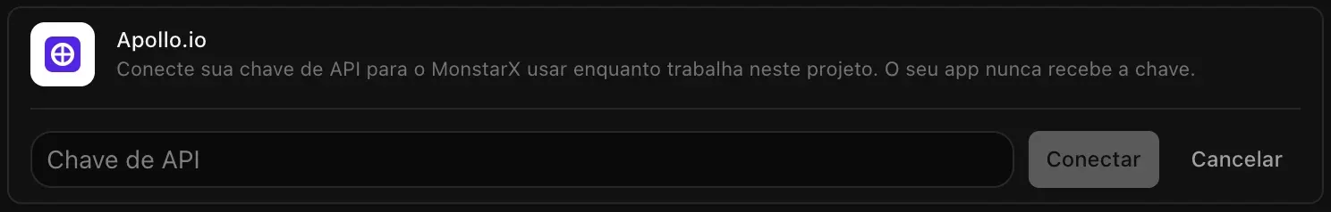 A linha do Apollo.io aberta para conectar, com o campo Chave de API vazio e os botões Conectar e Cancelar