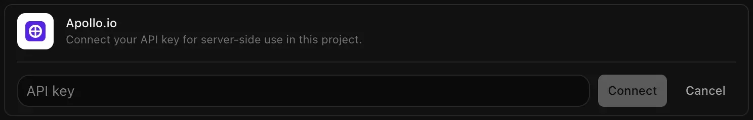 The Apollo.io row opened for connecting, with an empty API key field and Connect and Cancel buttons