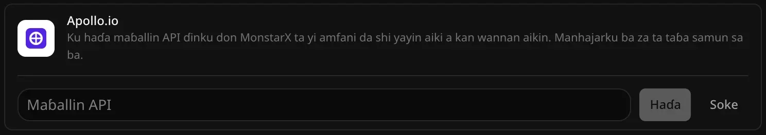 Layin Apollo.io a buɗe don haɗawa, da filin Maɓallin API babu komai, da maɓallan Haɗa da Soke
