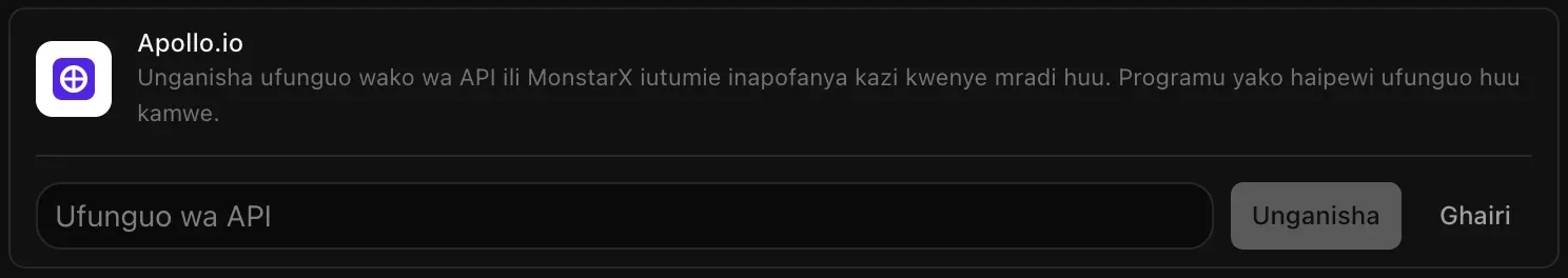 Safu ya Apollo.io ikiwa wazi kwa ajili ya kuunganisha, ikiwa na sehemu tupu ya Ufunguo wa API na vitufe vya Unganisha na Ghairi