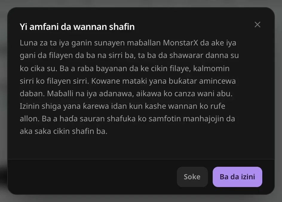 Izinin Yi amfani da wannan shafin: Luna tana iya ganin sunayen maɓallan MonstarX da ake gani da filayen rubutu na yau da kullum, ta yi tayin danna su ko cike su; ba a raba abin da ke cikin filaye, kalmomin sirri da filayen sirri; kowane mataki yana buƙatar izini na daban. Maɓallan Soke da Ba da izini