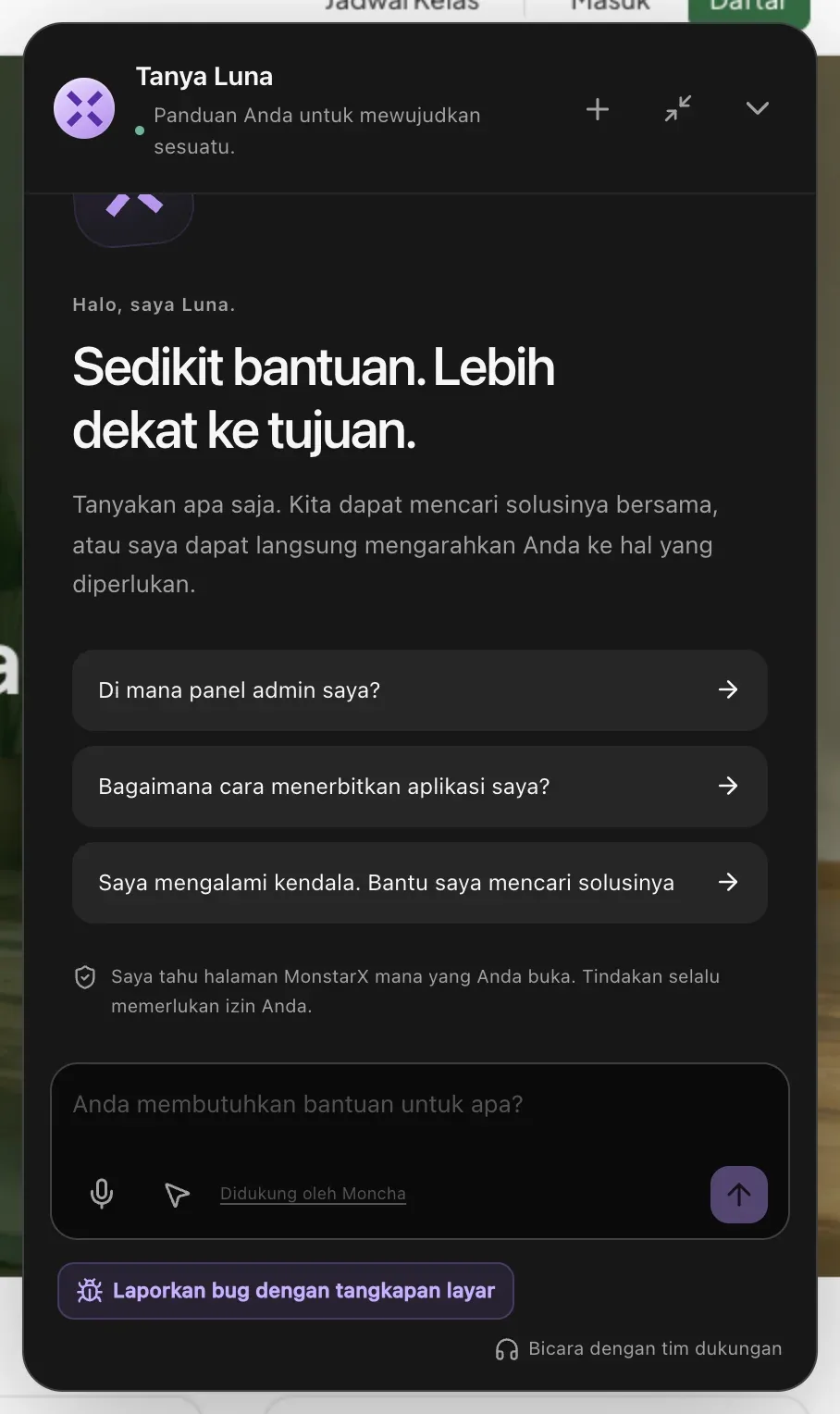 Panel Tanya Luna: Halo, saya Luna. Sedikit bantuan. Lebih dekat ke tujuan. Tiga pertanyaan pembuka, catatan bahwa Luna tahu halaman yang sedang Anda buka dan tindakan memerlukan izin, serta kotak pesan dengan tombol mikrofon dan bantuan halaman