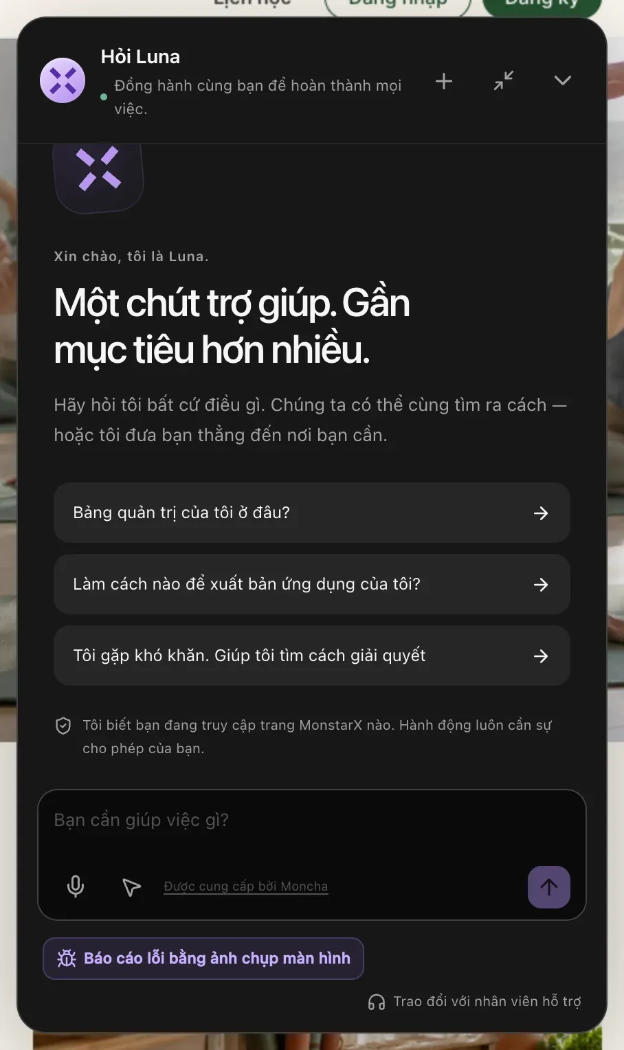 Bảng Hỏi Luna: Xin chào, tôi là Luna. Một chút trợ giúp. Gần mục tiêu hơn nhiều. Ba câu hỏi gợi ý, một dòng cho biết Luna biết bạn đang ở trang nào và mọi hành động đều cần bạn cho phép, cùng ô tin nhắn với nút micrô và nút hỗ trợ trên trang