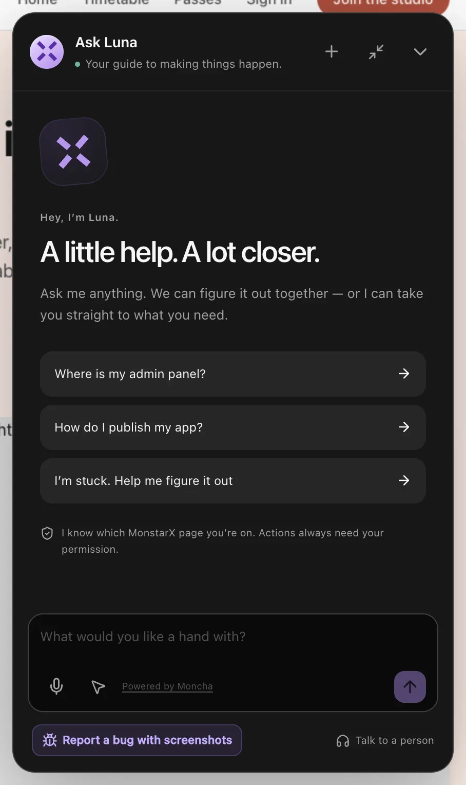 The Ask Luna panel: Hey, I'm Luna. A little help. A lot closer. Three starter questions, a note that Luna knows which page you're on and actions need permission, and the message box with microphone and page-assistance buttons