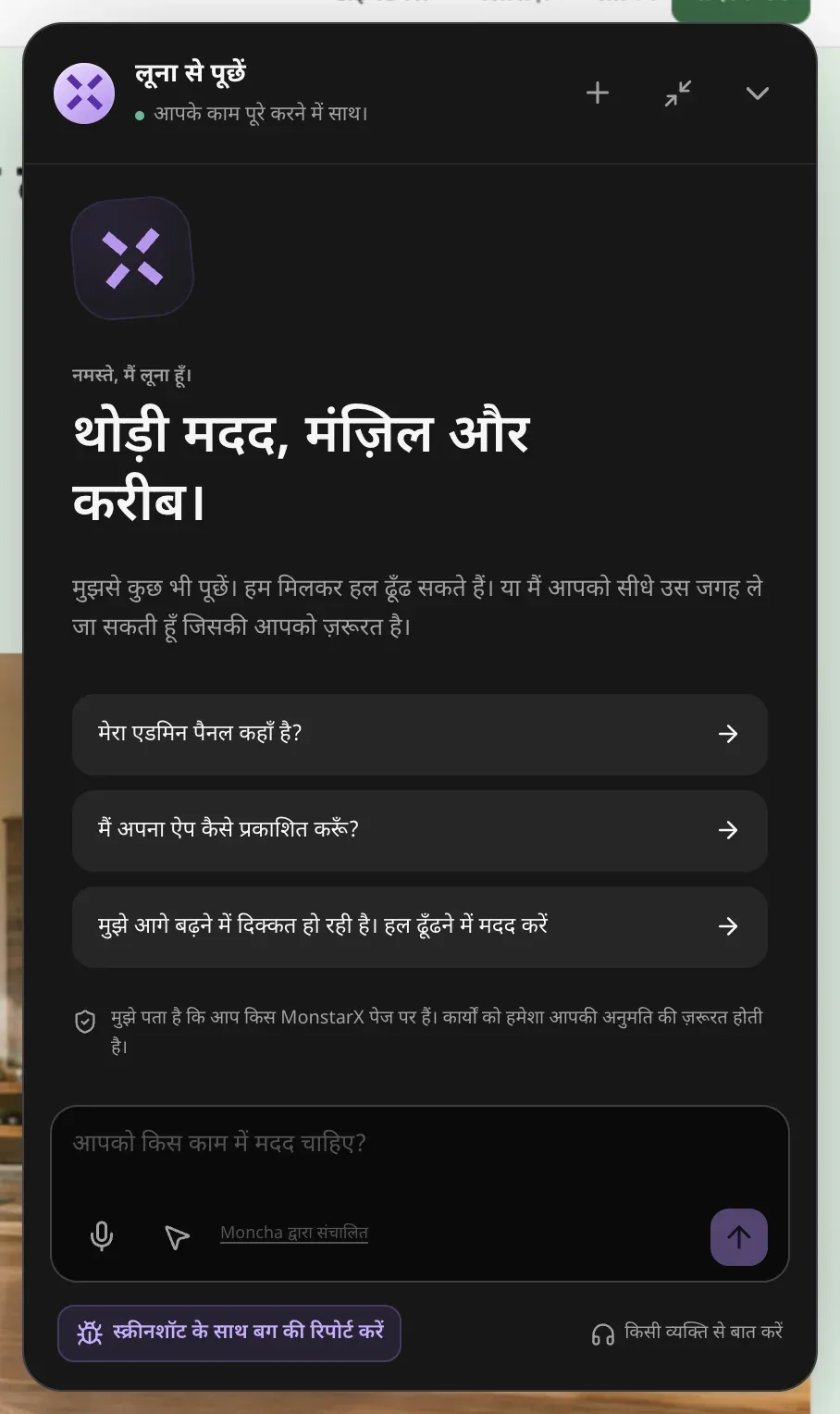 लूना से पूछें पैनल: “नमस्ते, मैं लूना हूँ।”, “थोड़ी मदद, मंज़िल और करीब।”, शुरुआत के तीन सवाल, यह नोट कि लूना जानती है आप किस पेज पर हैं और हर कार्रवाई के लिए अनुमति चाहिए, और माइक्रोफ़ोन व पेज सहायता के बटनों वाला संदेश बॉक्स