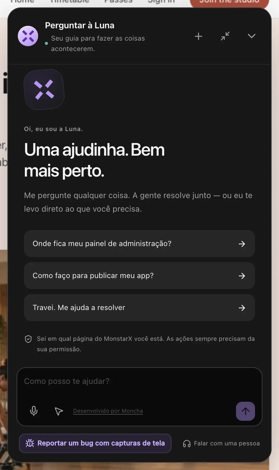 O painel Perguntar à Luna: Oi, eu sou a Luna. Uma ajudinha. Bem mais perto. Três perguntas para começar, um aviso de que a Luna sabe em qual página você está e de que as ações precisam de permissão, e a caixa de mensagem com os botões de microfone e de assistência na página