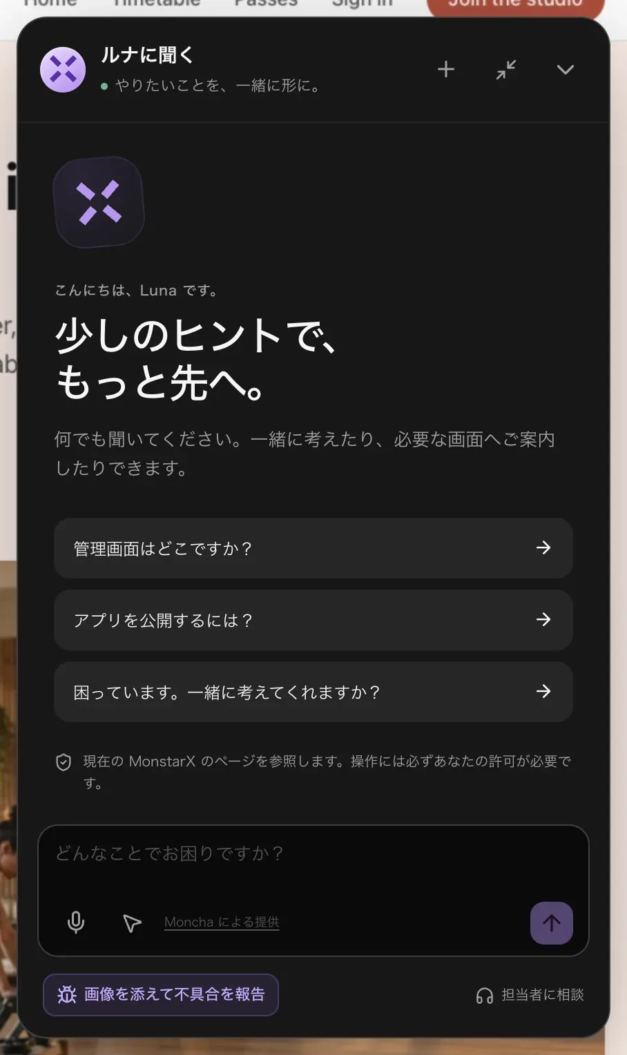 「ルナに聞く」のパネル。「こんにちは、Luna です。」「少しのヒントで、もっと先へ。」、最初に聞ける3つの質問、Luna は今いるページを把握していて操作には許可が必要だという説明、マイクとページ操作のボタンが付いたメッセージ欄