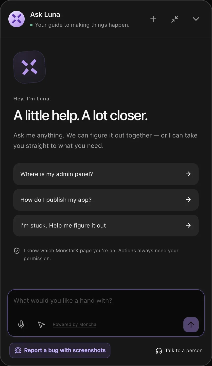 The Ask Luna panel, with Report a bug with screenshots and Talk to a person at the bottom