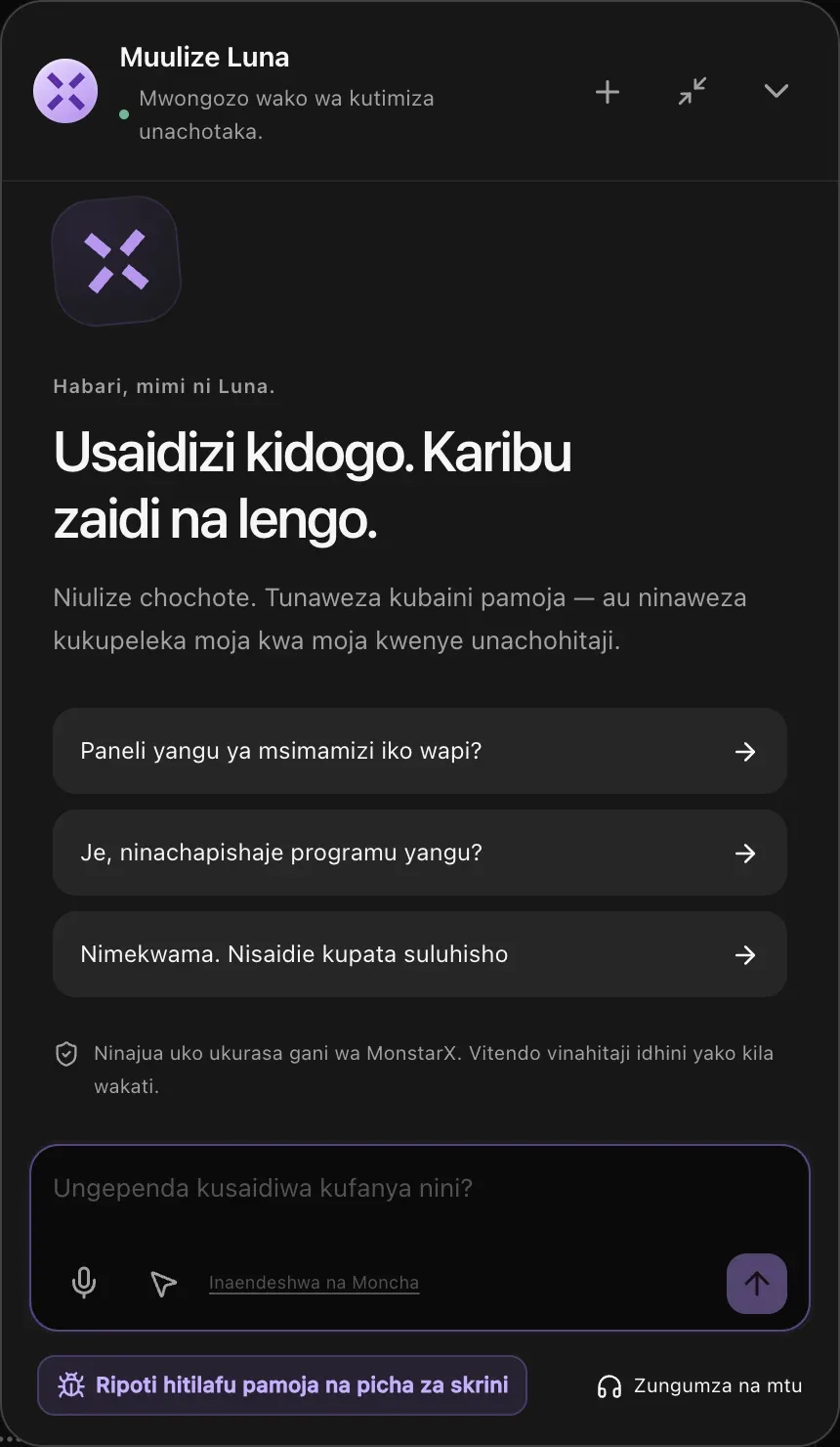 Paneli ya Muulize Luna, ikiwa na Ripoti hitilafu pamoja na picha za skrini na Zungumza na mtu chini kabisa