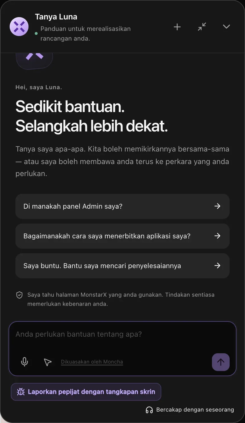Panel Tanya Luna, dengan Laporkan pepijat dengan tangkapan skrin dan Bercakap dengan seseorang di bahagian bawah