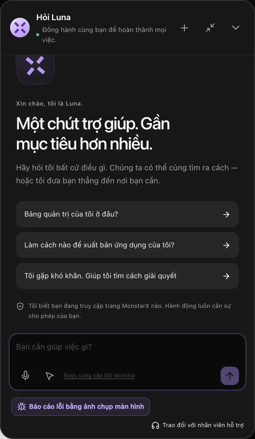 Bảng Hỏi Luna, với Báo cáo lỗi bằng ảnh chụp màn hình và Trao đổi với nhân viên hỗ trợ ở phía dưới