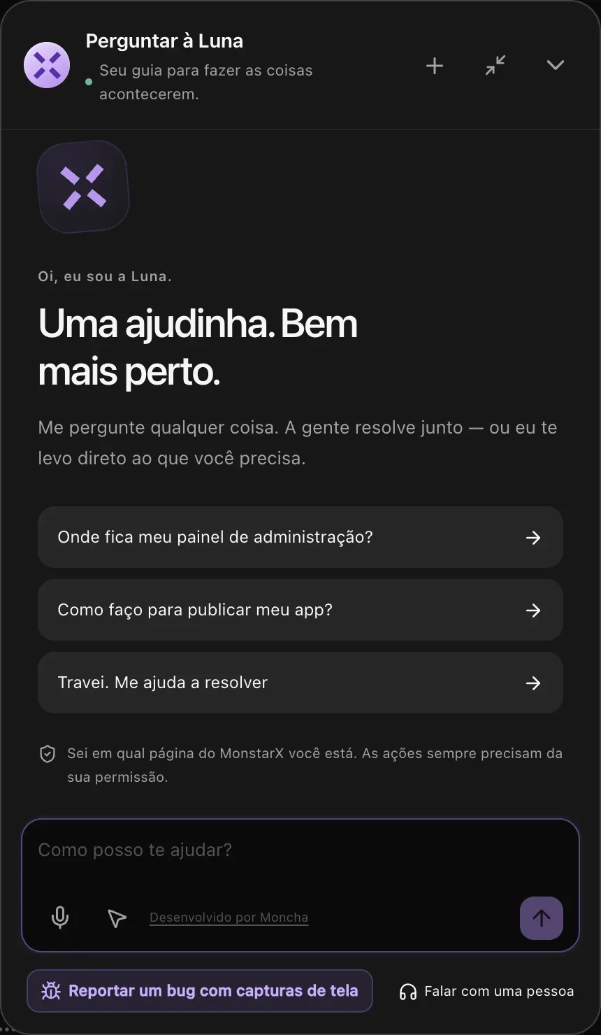 O painel de Perguntar à Luna, com Reportar um bug com capturas de tela e Falar com uma pessoa no fim