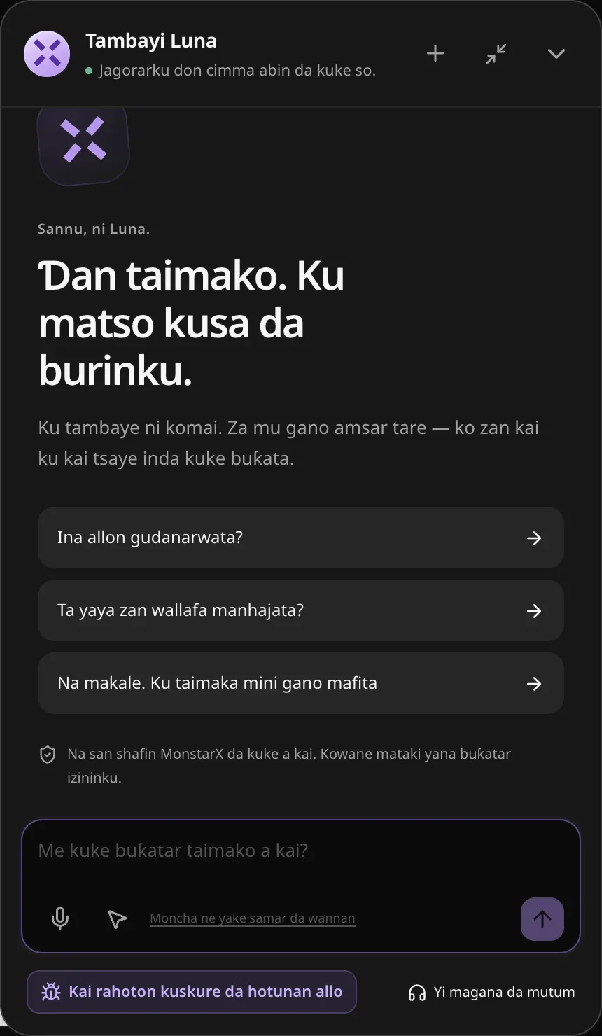 Allon Tambayi Luna, tare da Kai rahoton kuskure da hotunan allo da Yi magana da mutum a ƙasa